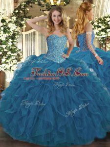 Fabulous Teal Tulle Lace Up Sweetheart Sleeveless Floor Length Quinceanera Dress Beading and Ruffles