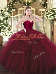 Sleeveless Tulle Floor Length Lace Up Quinceanera Gowns in Wine Red with Ruffles