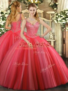 Best Coral Red Quinceanera Gowns Military Ball and Sweet 16 and Quinceanera with Beading V-neck Sleeveless Lace Up