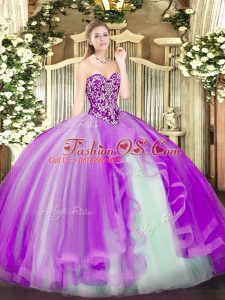 Pretty Sleeveless Floor Length Beading and Ruffles Lace Up Quince Ball Gowns with Lilac
