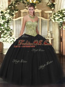 Flirting Ball Gowns Quinceanera Dresses Black Sweetheart Tulle Sleeveless Floor Length Lace Up
