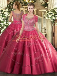 On Sale Sleeveless Tulle Floor Length Clasp Handle 15 Quinceanera Dress in Hot Pink with Beading and Appliques
