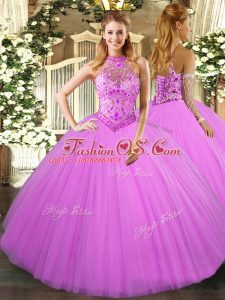 Halter Top Sleeveless Quinceanera Dress Floor Length Beading and Embroidery Lilac Tulle