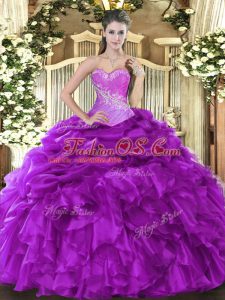 Stunning Eggplant Purple Ball Gowns Sweetheart Sleeveless Organza Floor Length Lace Up Beading and Ruffles and Pick Ups Sweet 16 Dresses