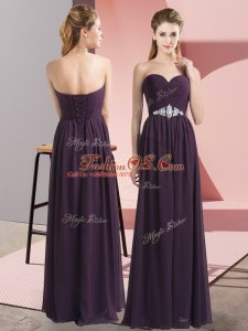 Sweetheart Sleeveless Prom Gown Floor Length Beading Dark Purple Chiffon