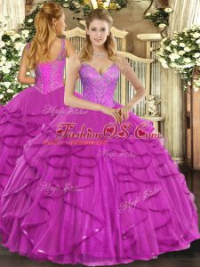 Delicate Sleeveless Floor Length Beading and Ruffles Lace Up 15 Quinceanera Dress with Fuchsia