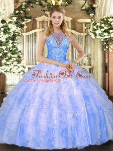 Unique Blue Ball Gown Prom Dress Military Ball and Sweet 16 and Quinceanera with Beading and Ruffles High-neck Sleeveless Lace Up