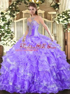 Affordable Organza Sweetheart Sleeveless Lace Up Beading and Ruffled Layers 15th Birthday Dress in Lavender