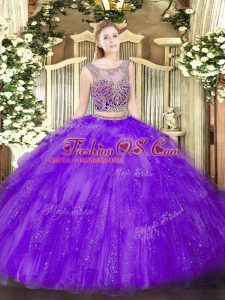 Scoop Sleeveless Lace Up Quinceanera Gown Lavender Tulle