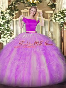 Lilac Short Sleeves Appliques and Ruffles Floor Length 15 Quinceanera Dress