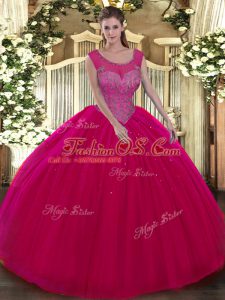 Colorful Hot Pink Tulle Backless Scoop Sleeveless Floor Length 15 Quinceanera Dress Beading