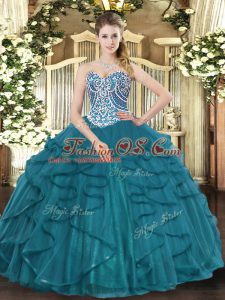 Discount Sleeveless Floor Length Beading and Ruffles Lace Up Quinceanera Dresses with Teal