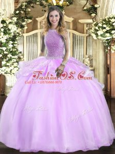 Wonderful Floor Length Lilac Sweet 16 Dress Organza Sleeveless Beading