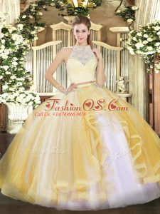 Sleeveless Tulle Floor Length Zipper Sweet 16 Dress in Gold with Lace and Ruffles