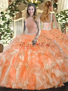 Orange Red Lace Up High-neck Beading and Ruffles Ball Gown Prom Dress Organza Sleeveless