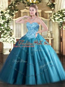 Teal Tulle Lace Up Sweetheart Sleeveless Floor Length 15th Birthday Dress Appliques
