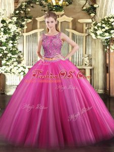Ideal Scoop Sleeveless Lace Up 15 Quinceanera Dress Hot Pink Tulle