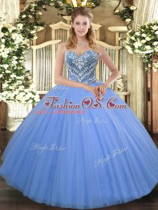 Enchanting Floor Length Lace Up Ball Gown Prom Dress Baby Blue for Military Ball and Sweet 16 and Quinceanera with Beading