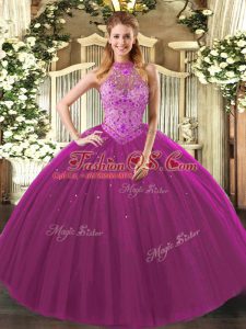 Beading and Embroidery Quinceanera Dresses Fuchsia Lace Up Sleeveless Floor Length