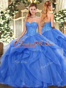 Luxury Sleeveless Tulle Floor Length Lace Up 15th Birthday Dress in Blue with Beading and Ruffles