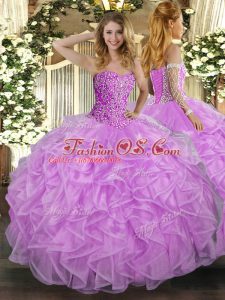 Lovely Lilac Ball Gown Prom Dress Military Ball and Sweet 16 and Quinceanera with Beading and Ruffles Sweetheart Sleeveless Lace Up