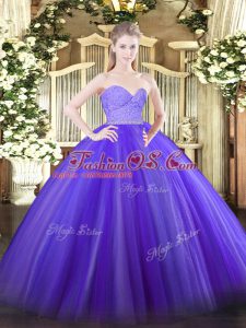 Sweetheart Sleeveless 15th Birthday Dress Floor Length Beading and Lace Lavender Tulle