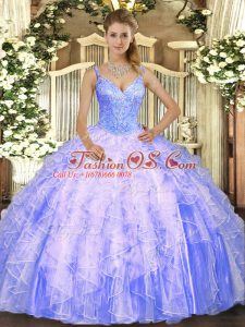 Luxury Lavender V-neck Neckline Beading and Ruffles Ball Gown Prom Dress Sleeveless Lace Up