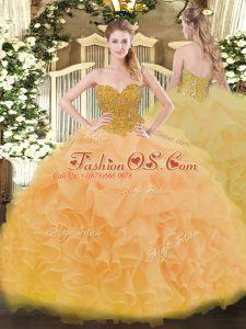 Dynamic Floor Length Lace Up Quinceanera Gown Gold for Military Ball and Sweet 16 and Quinceanera with Beading and Ruffles