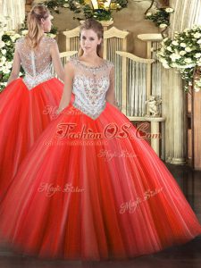 Superior Sleeveless Floor Length Beading Zipper 15 Quinceanera Dress with Coral Red