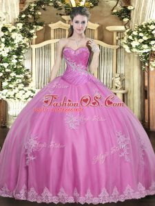 Great Rose Pink Tulle Lace Up Quince Ball Gowns Sleeveless Floor Length Beading and Appliques