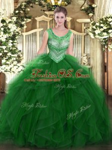 Artistic Green Organza Lace Up 15th Birthday Dress Sleeveless Floor Length Beading and Ruffles