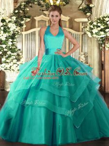 Turquoise Sleeveless Floor Length Ruffled Layers Lace Up 15 Quinceanera Dress