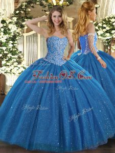 Spectacular Blue Lace Up 15th Birthday Dress Beading Sleeveless Floor Length