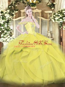 Discount Floor Length Yellow Sweet 16 Dress Tulle Sleeveless Beading and Ruffles