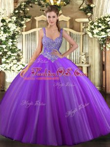 Super Purple Ball Gowns Beading Sweet 16 Dress Lace Up Tulle Sleeveless Floor Length