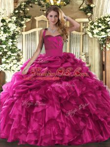 Organza Halter Top Sleeveless Lace Up Ruffles and Pick Ups Quince Ball Gowns in Hot Pink