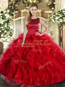 New Arrival Scoop Sleeveless Lace Up Vestidos de Quinceanera Red Tulle