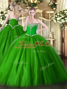 Luxury Green Ball Gowns Tulle Sweetheart Sleeveless Beading Floor Length Lace Up Sweet 16 Dresses