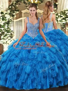 Designer Straps Sleeveless Ball Gown Prom Dress Floor Length Beading and Ruffles Blue Organza