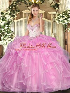 Sleeveless Floor Length Beading and Ruffles Lace Up Quinceanera Gowns with Rose Pink