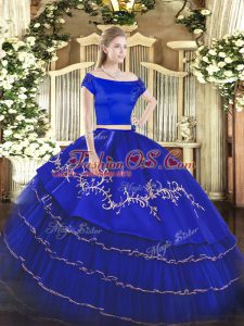 Royal Blue Short Sleeves Floor Length Embroidery and Ruffled Layers Zipper Sweet 16 Dresses