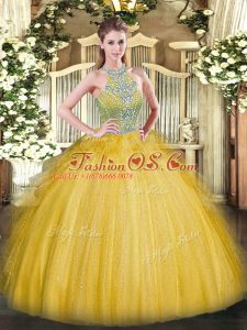 Floor Length Gold Ball Gown Prom Dress Tulle Sleeveless Beading and Ruffles