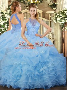 Gorgeous Floor Length Aqua Blue 15 Quinceanera Dress Organza Sleeveless Beading and Ruffles and Pick Ups