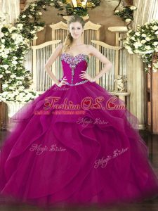 Custom Designed Fuchsia Ball Gowns Sweetheart Sleeveless Tulle Floor Length Lace Up Beading and Ruffles Sweet 16 Dress