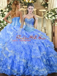 Stylish Baby Blue Organza Lace Up Quinceanera Dress Sleeveless Floor Length Beading and Ruffled Layers