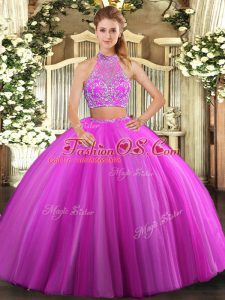 Inexpensive Fuchsia Sleeveless Tulle Criss Cross Sweet 16 Quinceanera Dress for Military Ball and Sweet 16 and Quinceanera