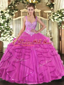 Custom Designed Floor Length Fuchsia Sweet 16 Quinceanera Dress Tulle Sleeveless Beading and Ruffles