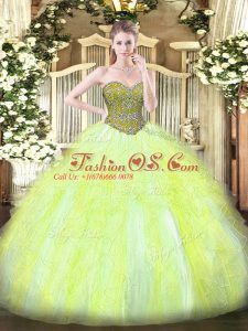 Glittering Beading and Ruffles Vestidos de Quinceanera Yellow Green Lace Up Sleeveless Floor Length
