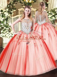 Coral Red Scoop Neckline Beading and Appliques Quince Ball Gowns Sleeveless Zipper