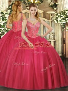 Affordable Red Ball Gowns Beading Vestidos de Quinceanera Lace Up Tulle Sleeveless Floor Length